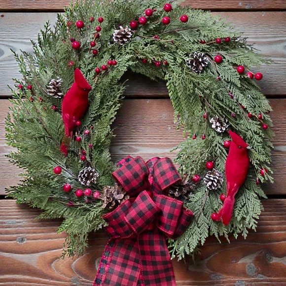 20 Inch Grapevine Holiday Winter Faux Cedar Wreath With Red Cardinals - Picture 7 of 7